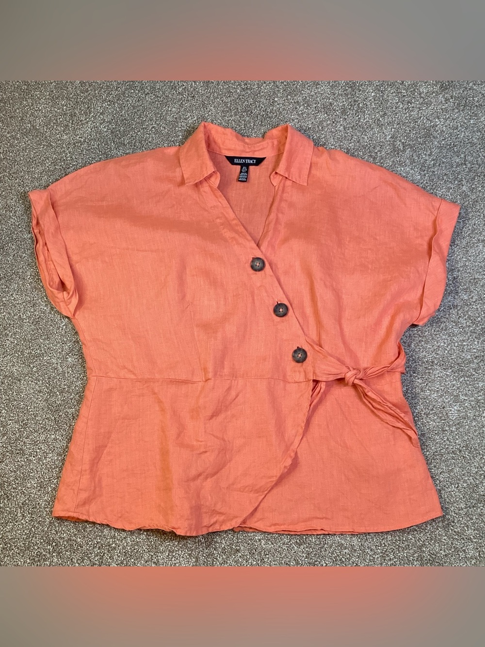 Ellen Tracy Coral Button Wrap-Style Short Sleeve Linen Top